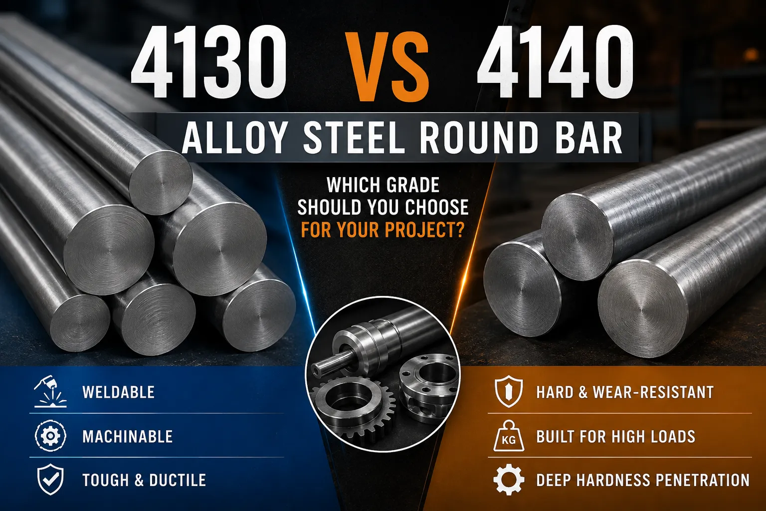 4130 vs 4140 alloy steel round bar comparison showing weldability, machinability, toughness, hardness, and load resistance.