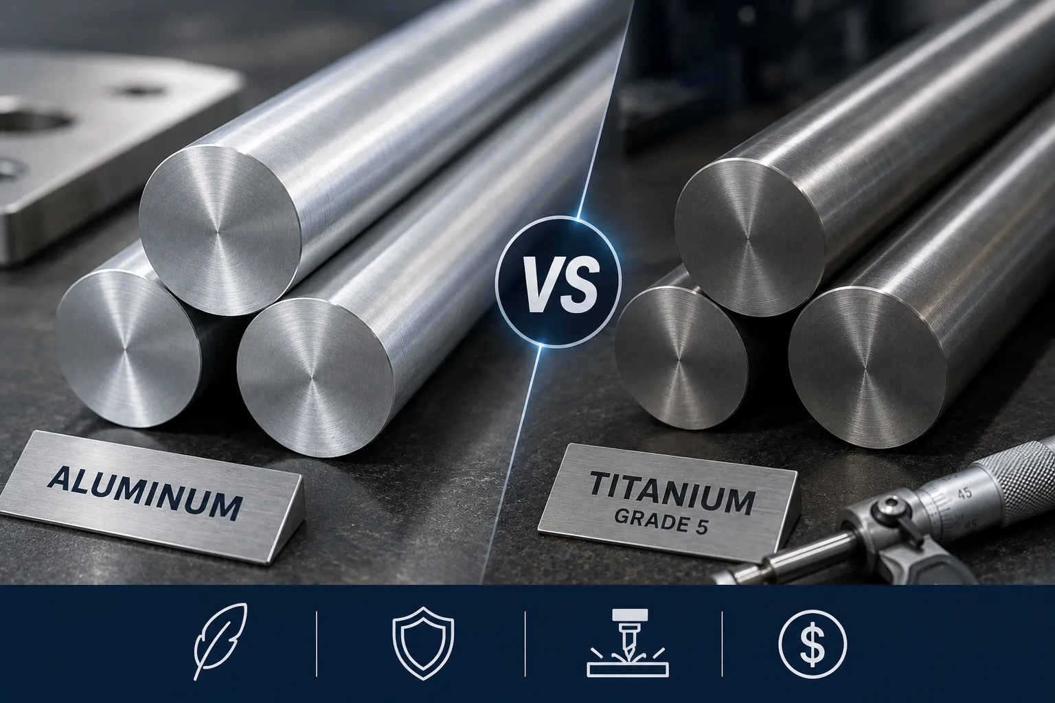Aluminum vs titanium round bar comparison showing differences in strength-to-weight ratio, density, machinability, and cost.