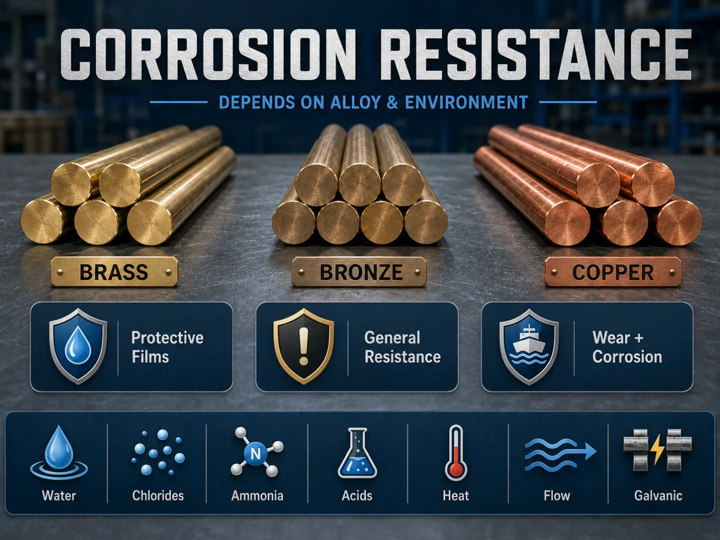 Brass, bronze, and copper round bar corrosion resistance comparison showing the effects of water, chlorides, ammonia, acids, heat, flow, and galvanic contact.