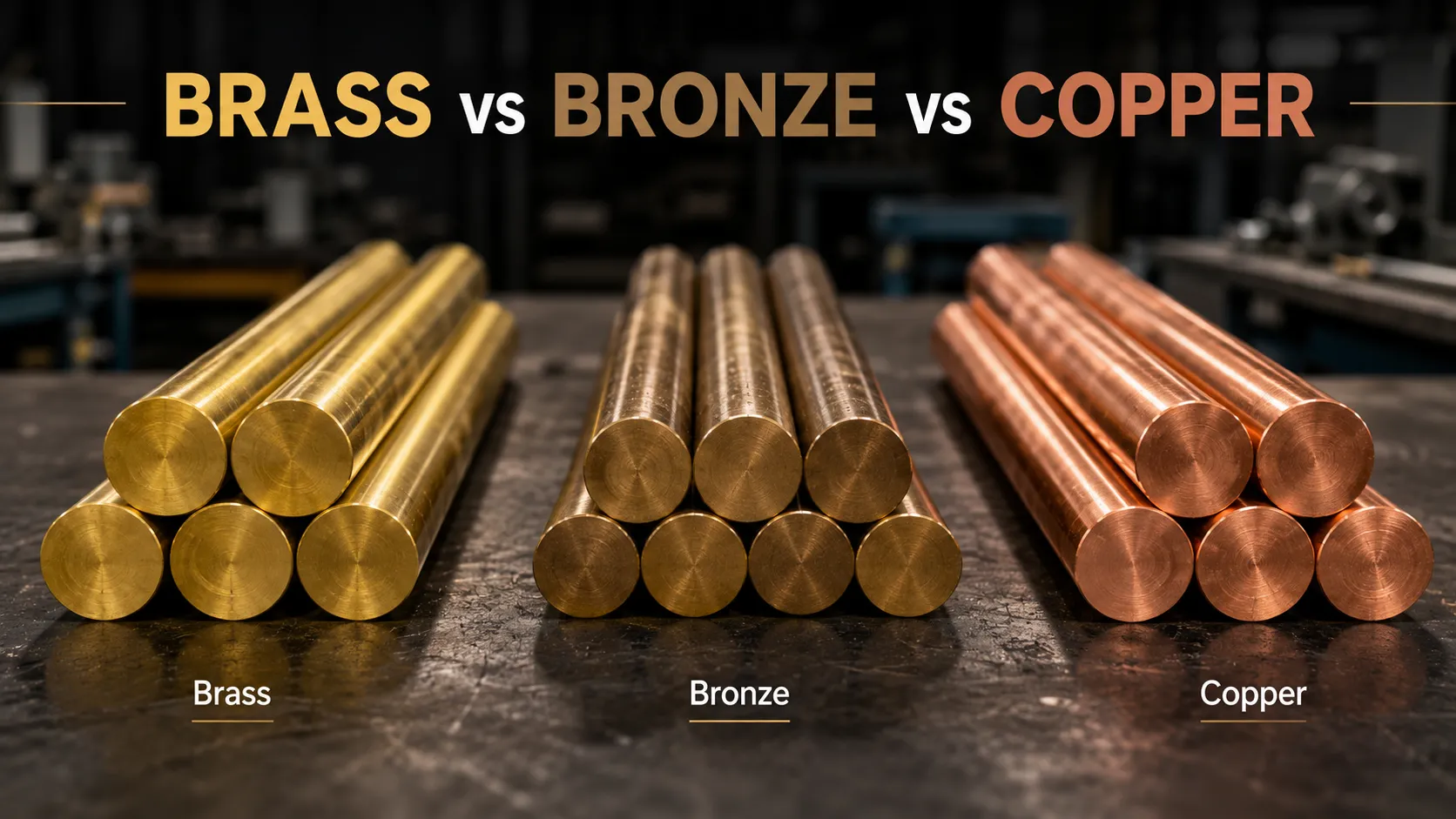 Brass, bronze, and copper round bars compared by material type for conductivity, friction, corrosion resistance, and engineering applications.