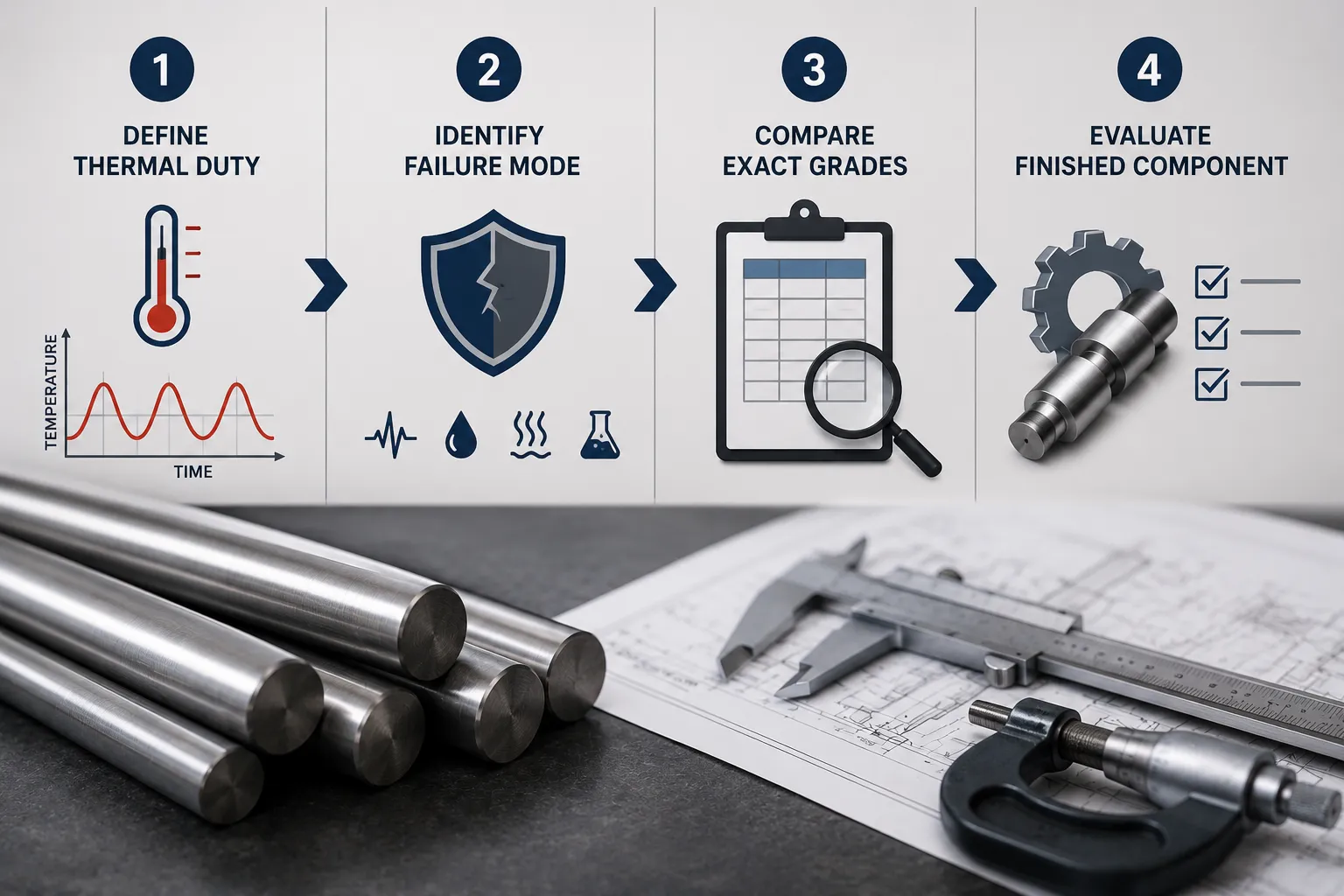Engineering material selection process for high-temperature round bar applications, covering thermal duty, failure mode, grade comparison, and finished component evaluation.