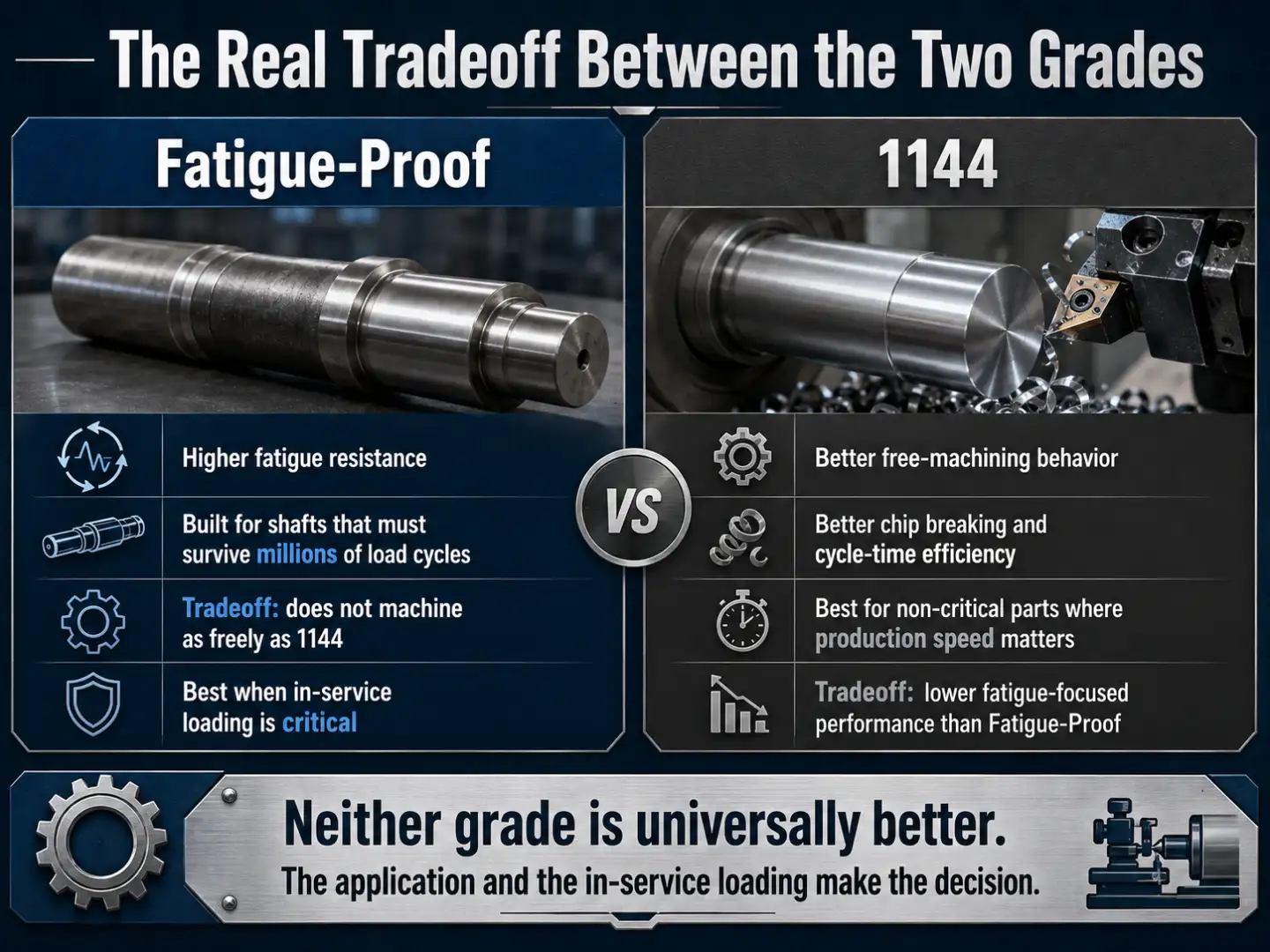 Fatigue-Proof vs 1144 steel comparison showing fatigue resistance, machinability, chip breaking, cycle time, and shaft load-cycle performance.