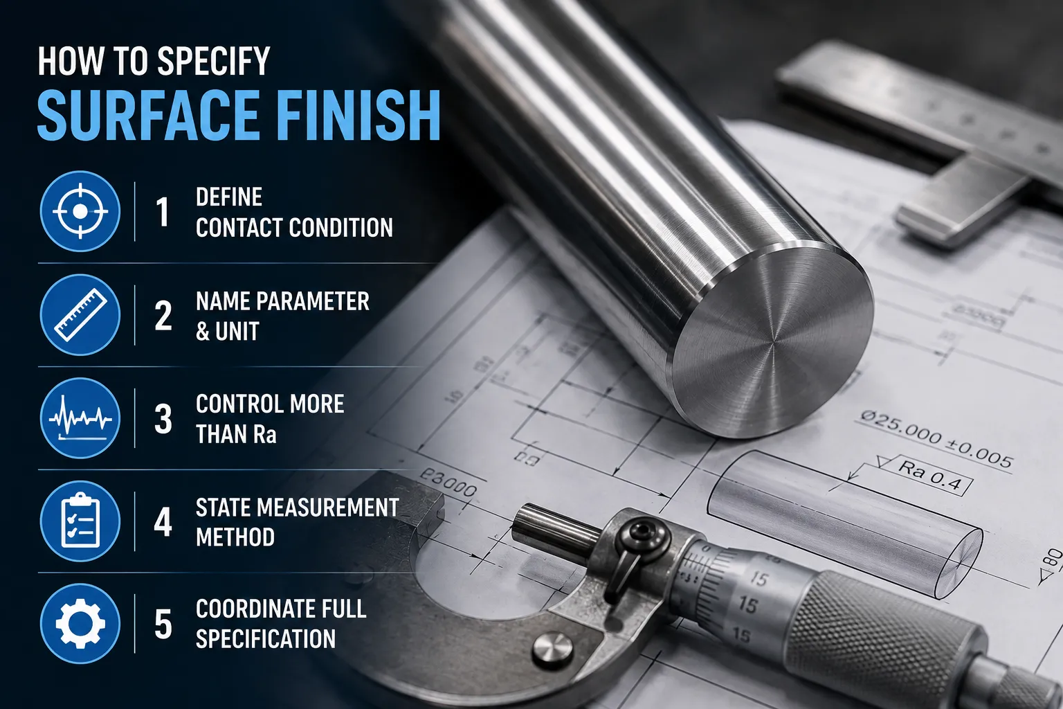 Engineering infographic showing five steps to specify surface finish for precision-ground round bar, including contact condition, roughness parameters, measurement method, and full specification.