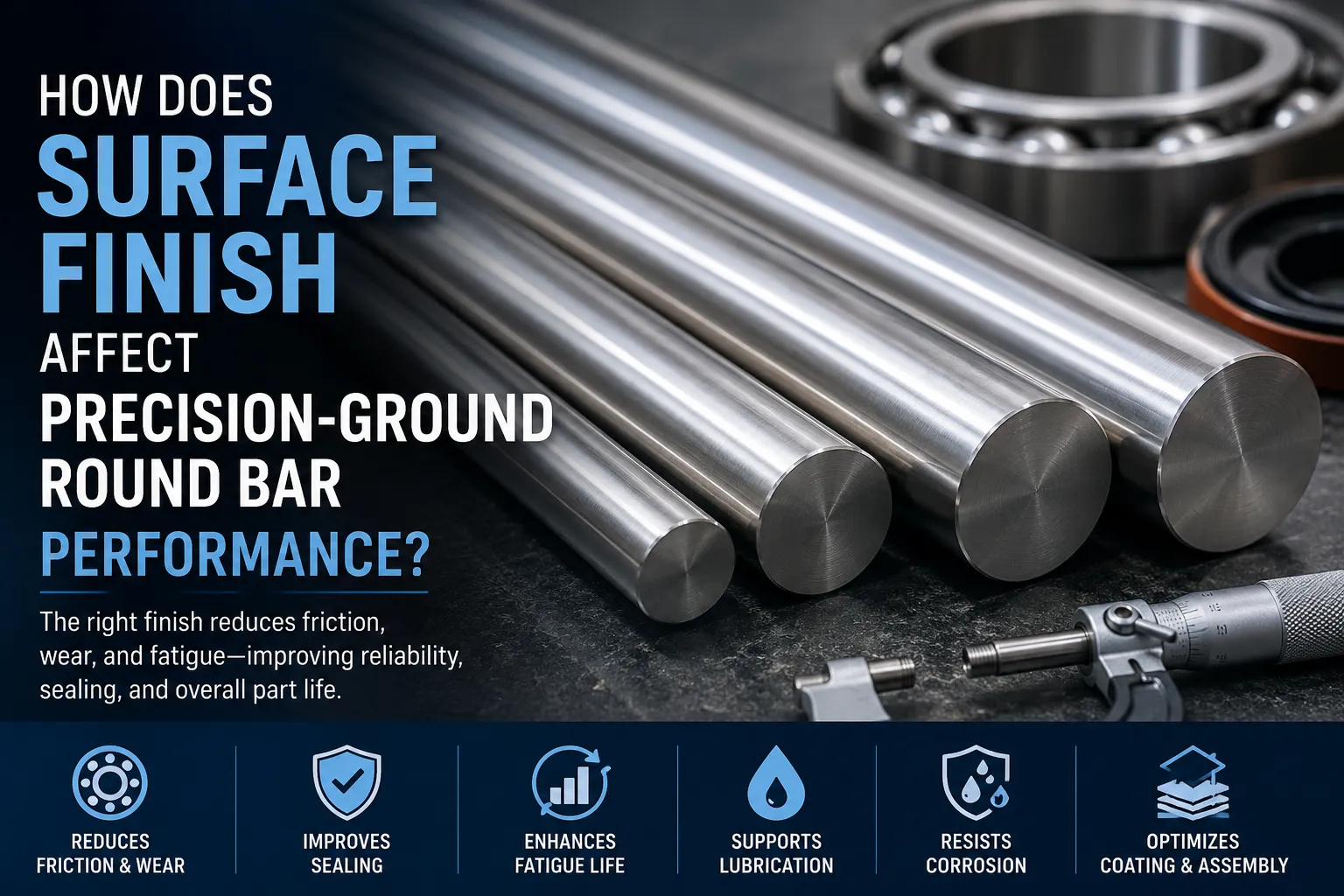 Precision-ground round bars showing how surface finish affects friction, wear, fatigue, sealing, lubrication, and component performance.