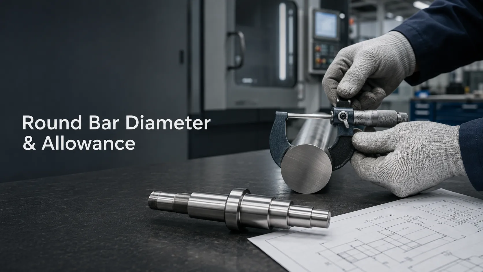 Engineer measuring steel round bar diameter with a micrometer beside a finished machined shaft.