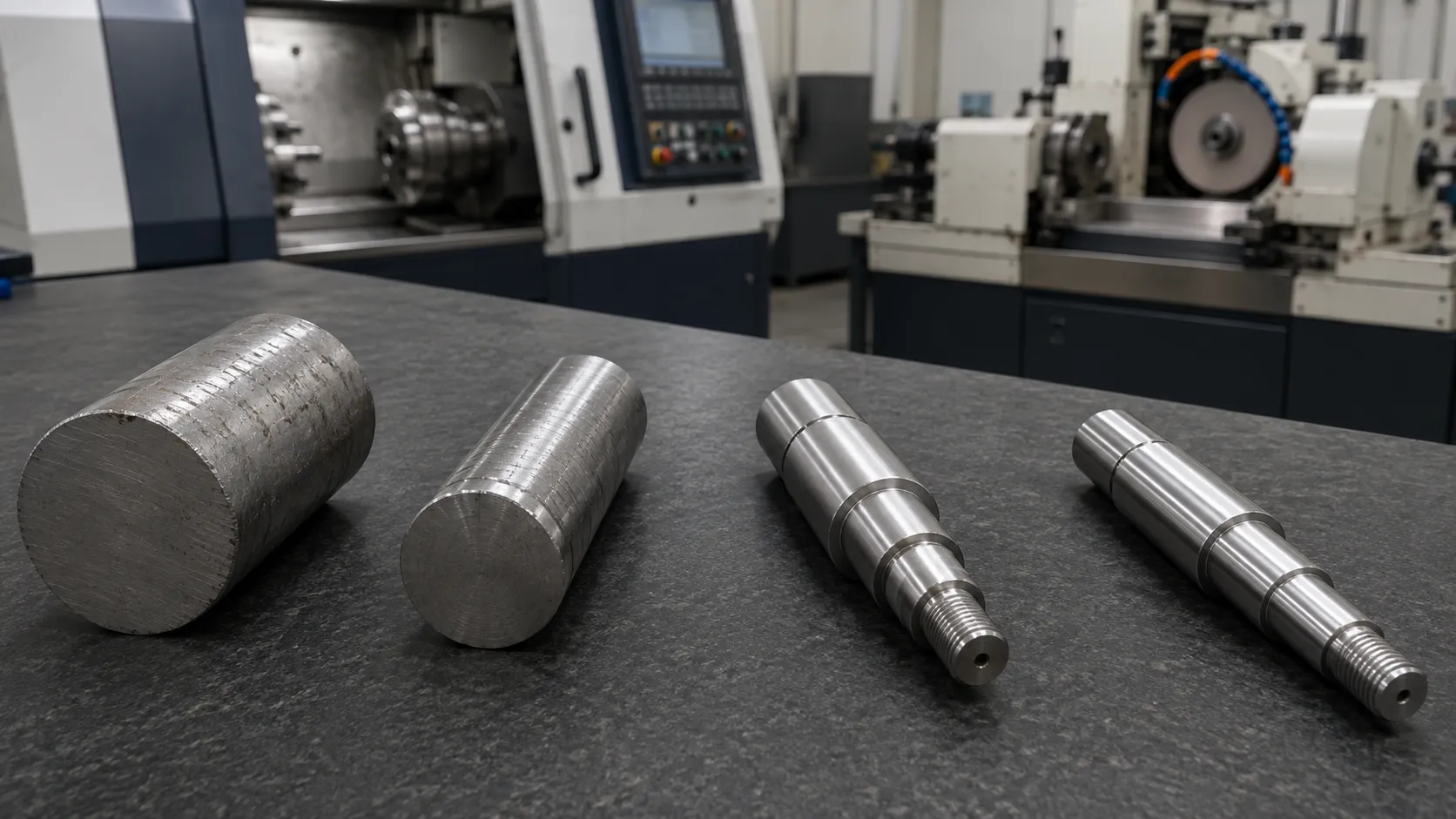 Round bar progressing from raw stock through rough turning, finish turning, and precision grinding.