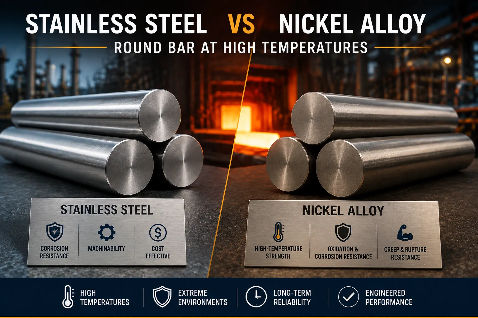 Stainless steel vs nickel alloy round bar comparison for high-temperature strength, creep resistance, oxidation, corrosion resistance, machinability, and cost.