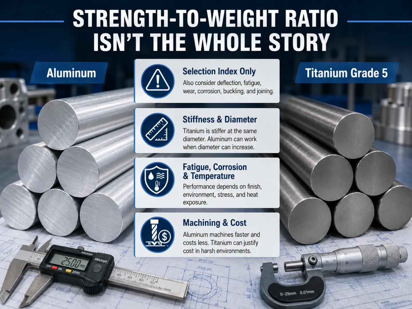 Comparison infographic showing aluminum and Grade 5 titanium round bars, explaining that strength-to-weight ratio alone does not determine material selection because stiffness, fatigue, corrosion, temperature, machining, and cost also matter.