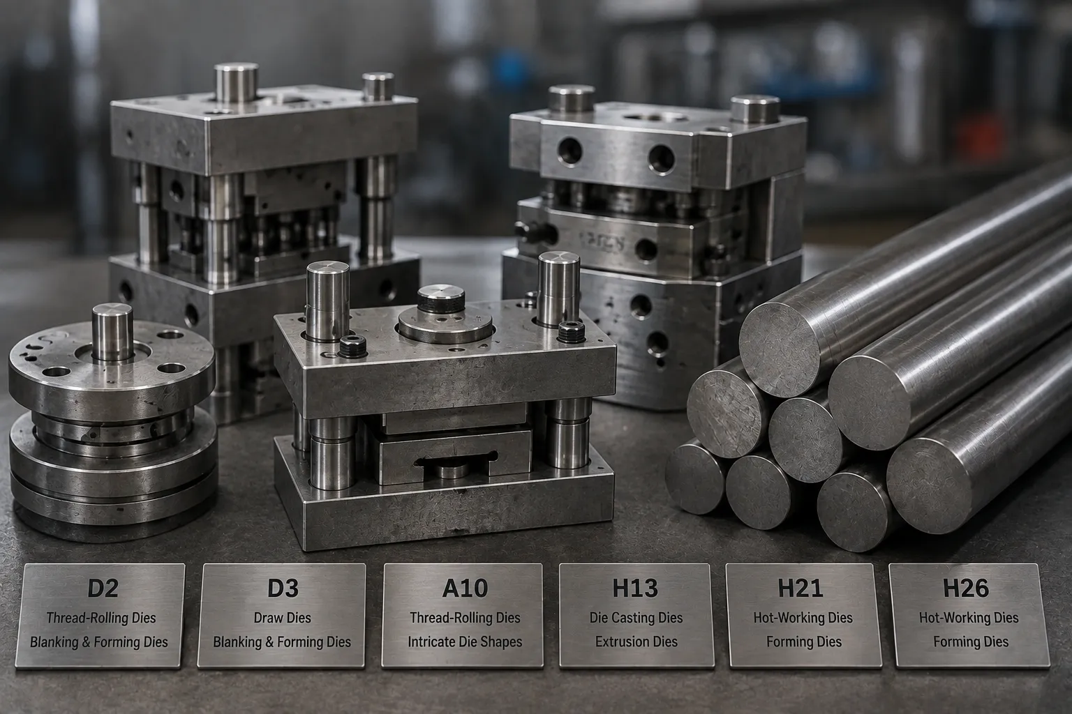 Tool steel die applications showing D2, D3, A10, H13, H21, and H26 grades used for thread rolling, blanking, forming, draw, die casting, extrusion, and hot-work dies.