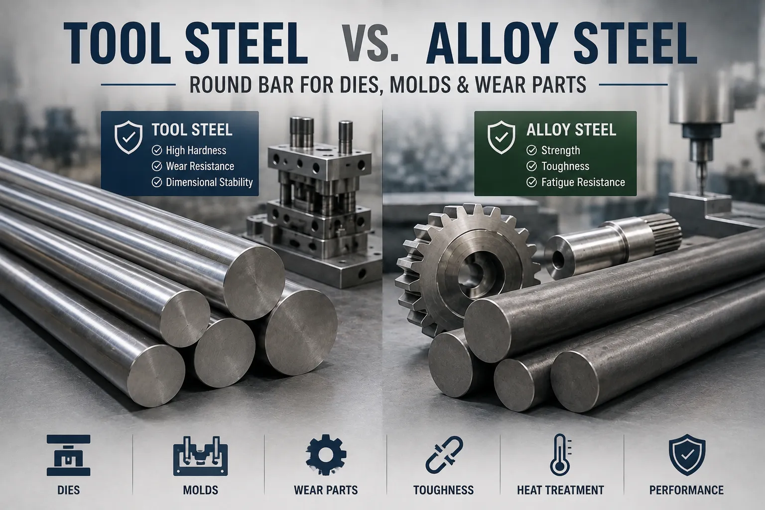 Tool steel vs alloy steel round bar comparison for dies, molds, and wear parts, highlighting hardness, wear resistance, toughness, fatigue resistance, and heat treatment.
